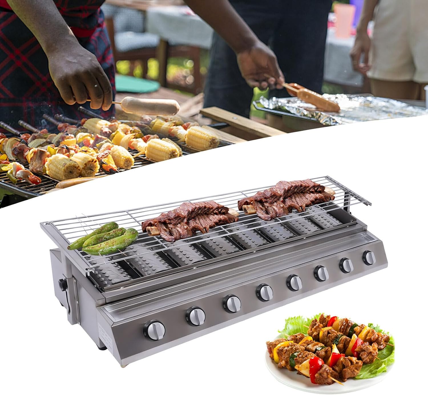 Tabletop Grill Commercial LPG Gas BBQ Grill w/ 8 Burners Portable Gas Barbecues Griddle w/ 8 Independent Switches Gas Grill Griddle for Parties, Backyard barbeques, Camping or Picnicking