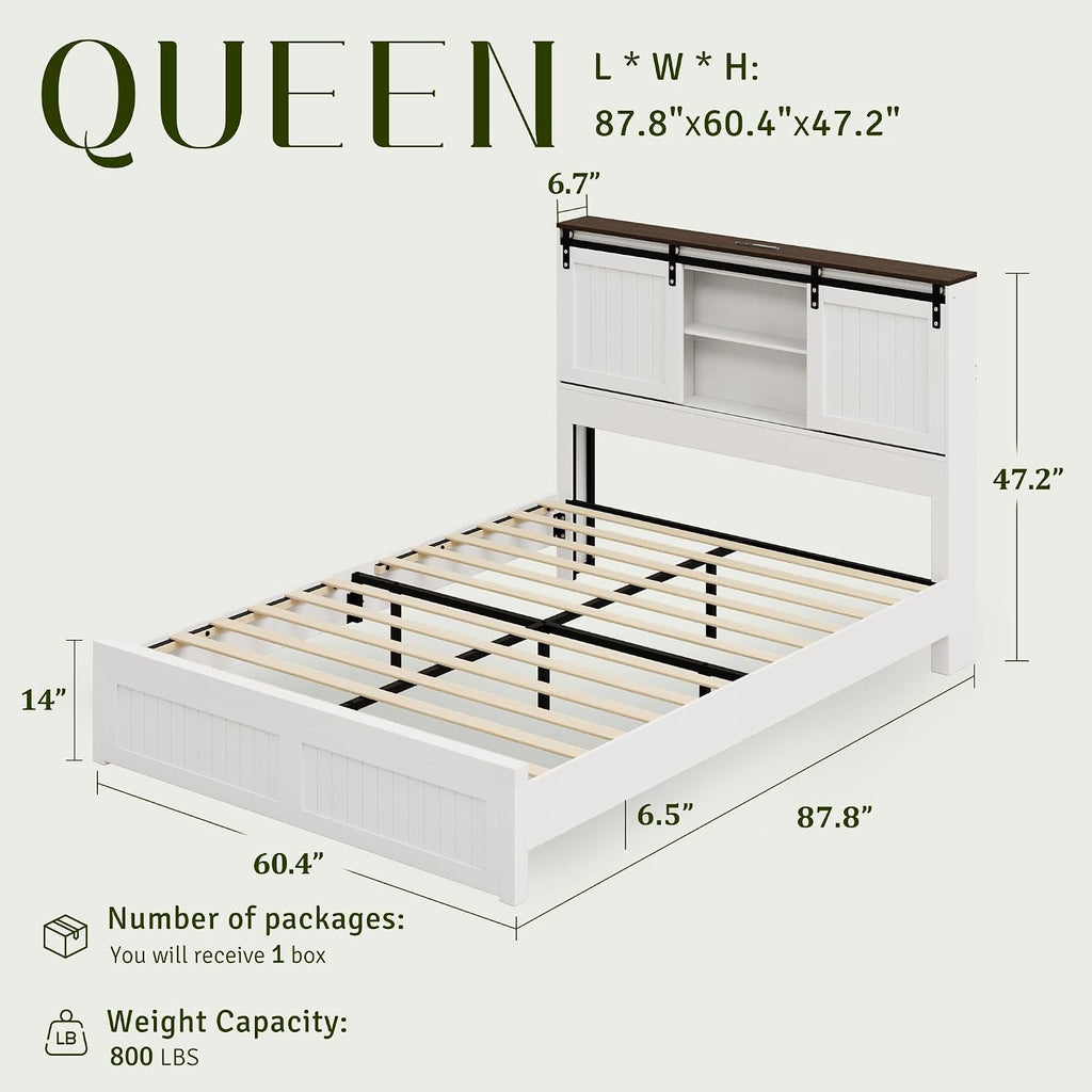 Queen Size Bed Frame with Storage, Sliding Barn Door, Farmhouse Wood Platform Bed with Reading Light and Charging Station, Wood Slats Support, Easy Assembly, Noise-Free, Antique White