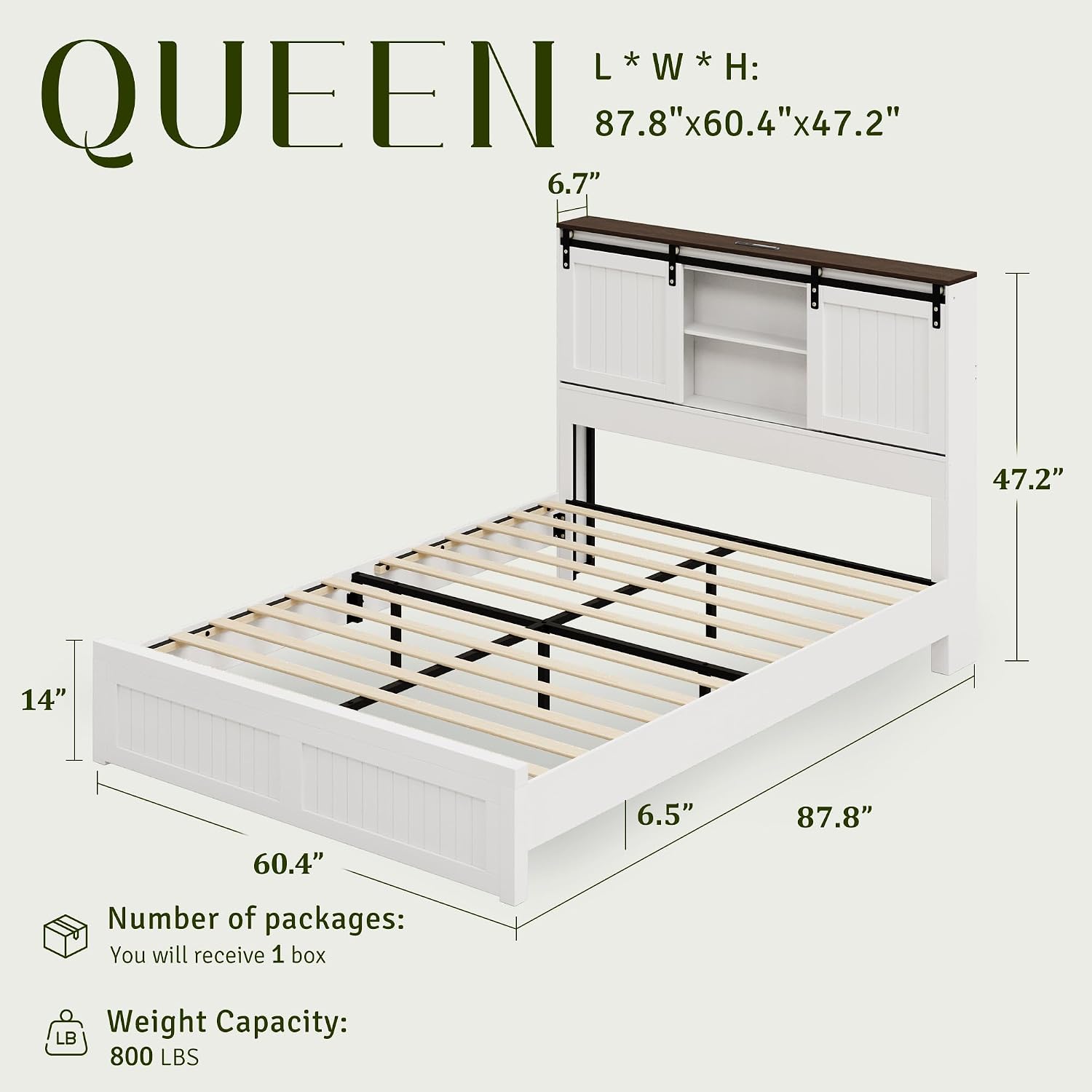 Queen Size Bed Frame with Storage, Sliding Barn Door, Farmhouse Wood Platform Bed with Reading Light and Charging Station, Wood Slats Support, Easy Assembly, Noise-Free, Antique White