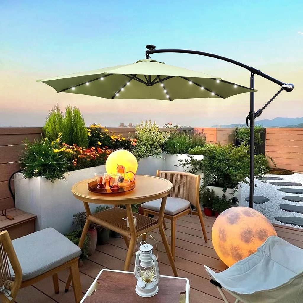 10FT Solar Powered Patio Umbrella, Market Table Umbrella with 24 LED Lights & 8 Sturdy Ribs, Cantilever Patio Umbrella with base, Offset Umbrella for Garden Lawn Deck Backyard Pool