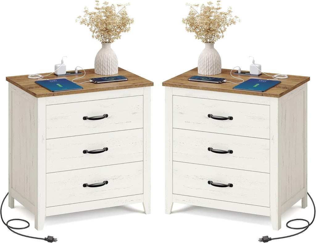 VASAGLE LIRY Collection - Farmhouse Nightstand with Charging Station, Set of 2, Bedside Tables, Side End Tables with 3 Drawers, for Bedroom, Rustic White and Honey Brown ULET979W01