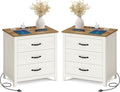 VASAGLE LIRY Collection - Farmhouse Nightstand with Charging Station, Set of 2, Bedside Tables, Side End Tables with 3 Drawers, for Bedroom, Rustic White and Honey Brown ULET979W01