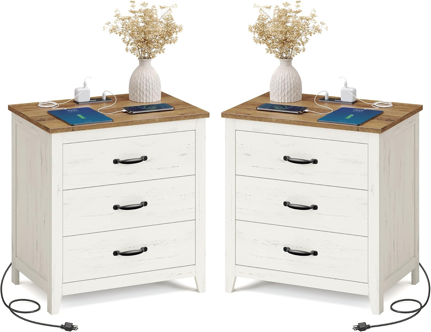 VASAGLE LIRY Collection - Farmhouse Nightstand with Charging Station, Set of 2, Bedside Tables, Side End Tables with 3 Drawers, for Bedroom, Rustic White and Honey Brown ULET979W01