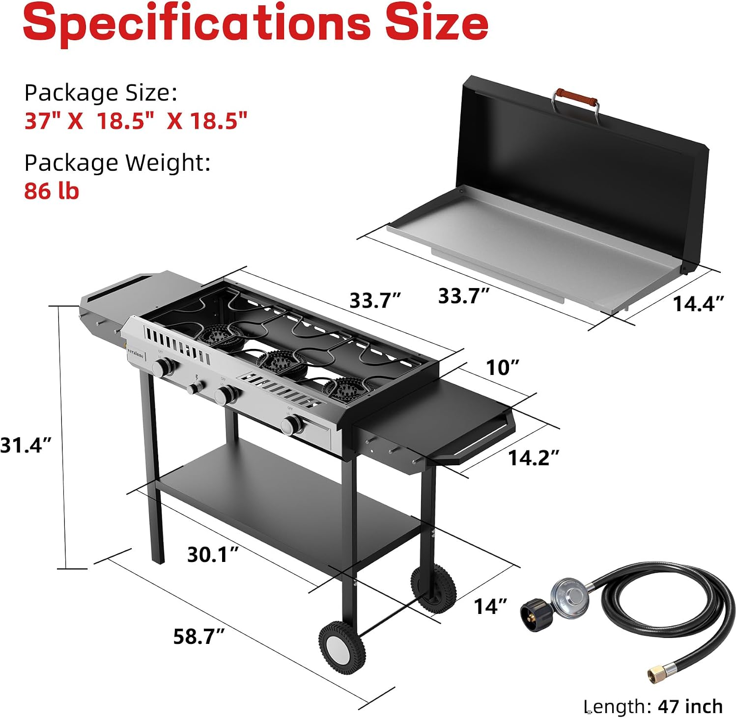 Veralune 2 in 1 Flat Top Gas Grill with Lid, Propane Gas Griddle, Outdoor Griddle Grill, Folding Side Shelves, Push-Button Ignition, Large Cooking Area