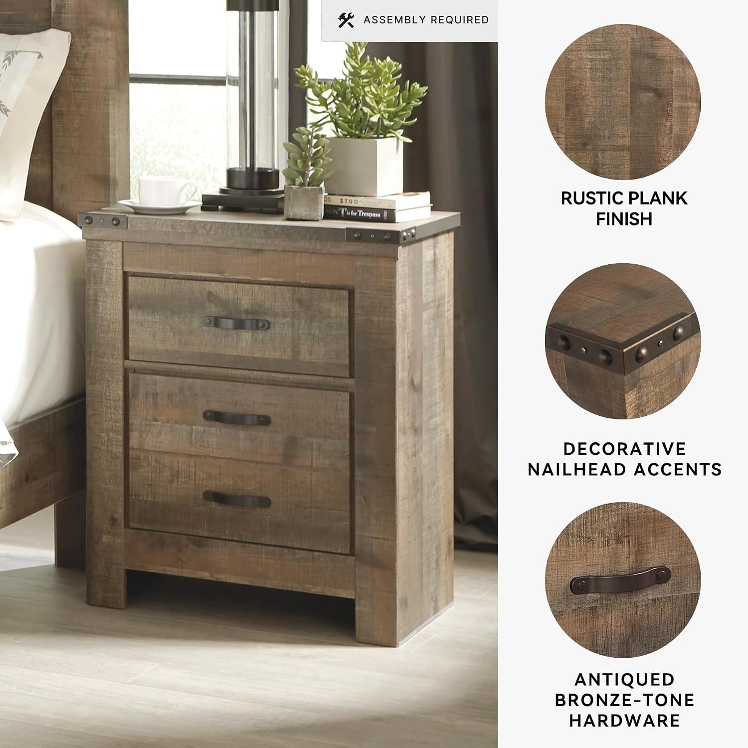 Signature Design by Ashley Trinell Rustic 2 Drawer Nightstand with USB Charging Stations, 29.65' Tall, Warm Brown