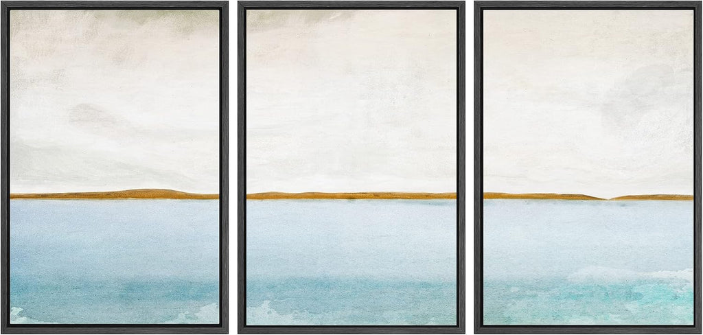 SIGNWIN Framed Canvas Print Wall Art Set Grunge Blue Watercolor Landscape Shapes Abstract Illustrations Modern Art Decorative Nordic Calm Colorful for Living Room, Bedroom, Office - 16'x24'x3 Black