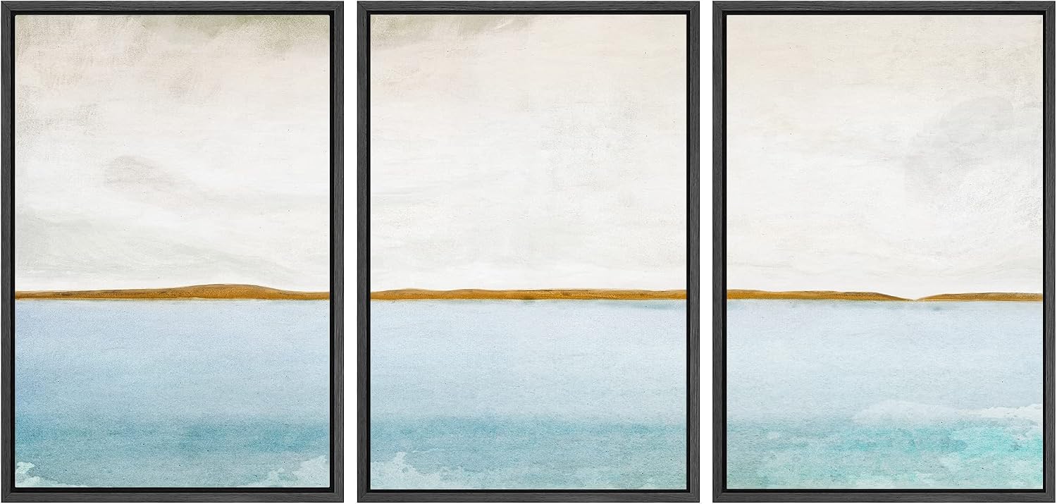 SIGNWIN Framed Canvas Print Wall Art Set Grunge Blue Watercolor Landscape Shapes Abstract Illustrations Modern Art Decorative Nordic Calm Colorful for Living Room, Bedroom, Office - 16'x24'x3 Black