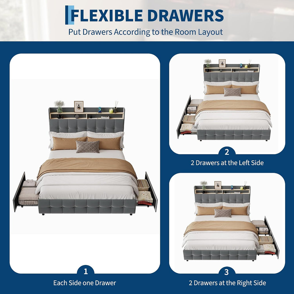 Garvee Queen Size Bed Frame with 2 Storage Drawers, Upholstered Bed Frame Queen with LED Light, Double-Layer Bedside Headboard with Charging Socket and USB Port, Soft Plush Fabric, Grey