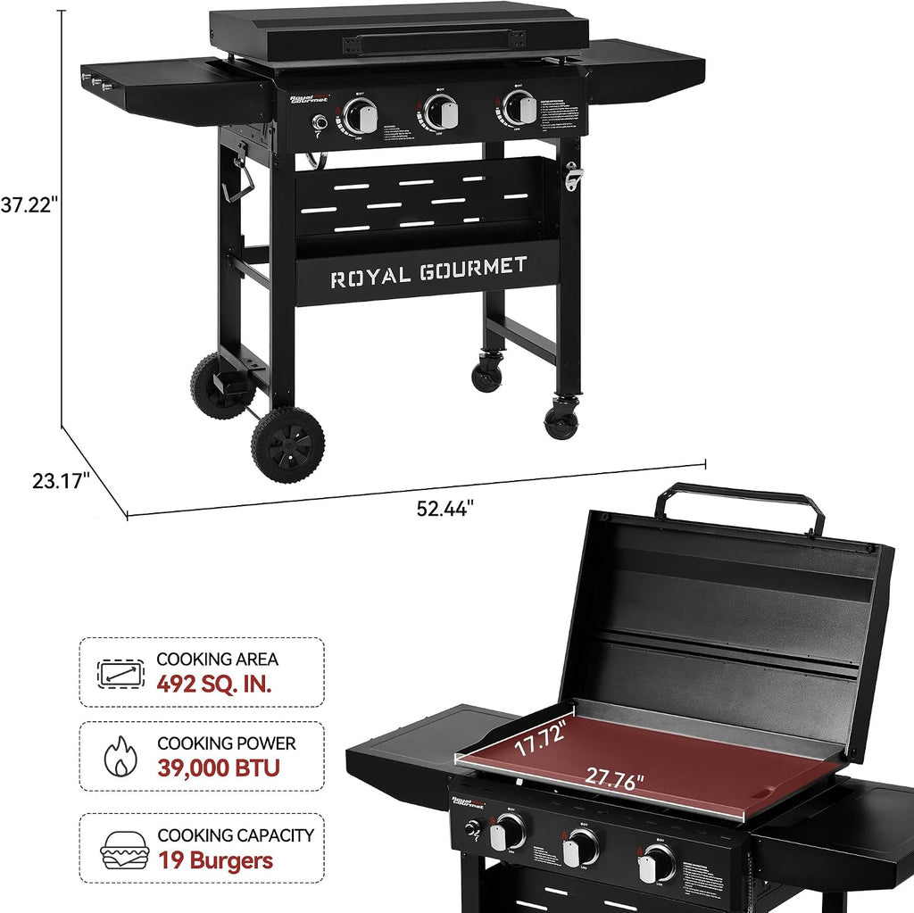 Royal Gourmet GB3000PB 3-Burner Gas Griddle with Hood, Griddle with Collapsible Side Shelves, 39,000 BTU, 492 Sq. In. Cooking Area, Electronic Ignition, Swivel Wheels with Brakes, Black