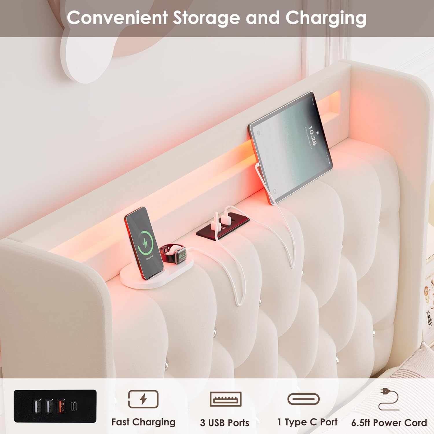 HIFIT Full LED Bed Frame with Charging Station and 2 Storage Drawers, Velvet Upholstered Platform Bed with Handcrafted Crystal Button Wingback Headboard, Metal Frame with No Box Spring Needed, Beige