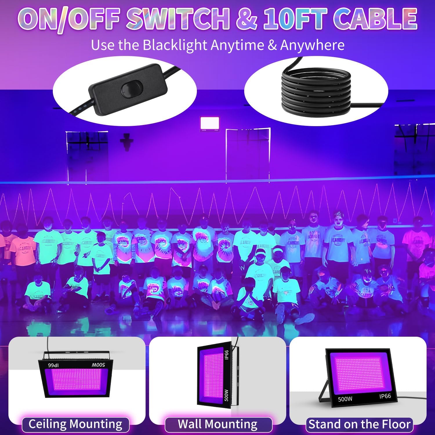 500W LED Black Light IP66 Waterproof, Outdoor Blacklight Flood Light with Plug+Switch, Powerful for Neon Glow in the Dark Party Large Space Gym Club Halloween Stage Lighting Fluorescent Poster, 2 Pack