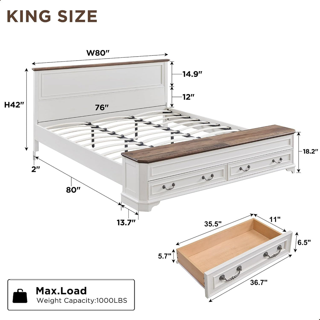 T4TREAM Farmhouse King Bed with Headboard and Storage Bench, Rustic Wood Platform Bed with 80' Storage Chest w/ 4 Large Drawer (Antique White)