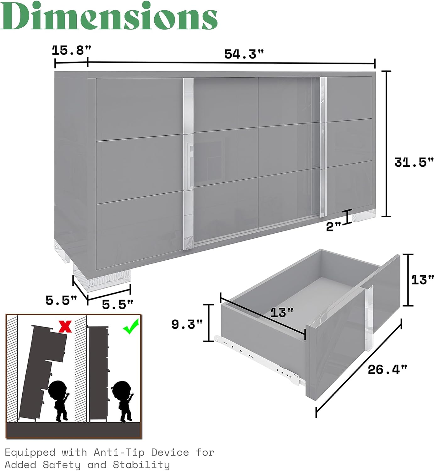 AMERLIFE 3 Piece Bedroom Set, Two 23.6' Nightstands & 6-Drawer Dresser, Silent Glide Drawers & Metal Handles, Modern High Gloss UV Finish, Dresser Set for Bedroom, Grey