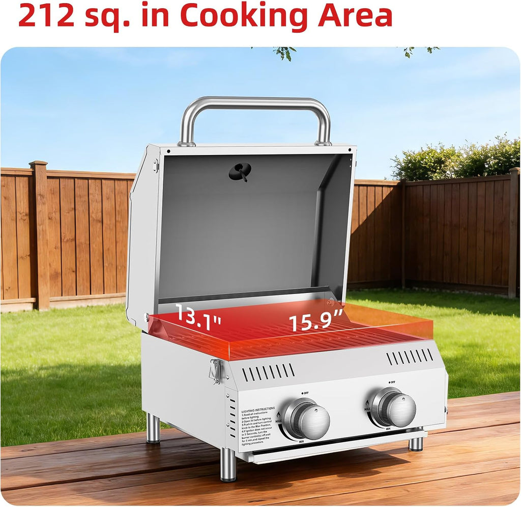 Veralune Tabletop Gas Grill, 2 Burners Portable Propane Grill, Camping Cooking Grill with Travel Lock for Camping, RV, Backyard BBQ