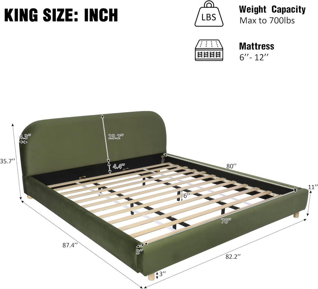 Merax King Size Teddy Fleece Thick Fabric Upholstered Platform Bed with Curved Shaped Headboard, Wood Bed Frame with Solid Round Legs for Kids Teens Adults, Olive Green