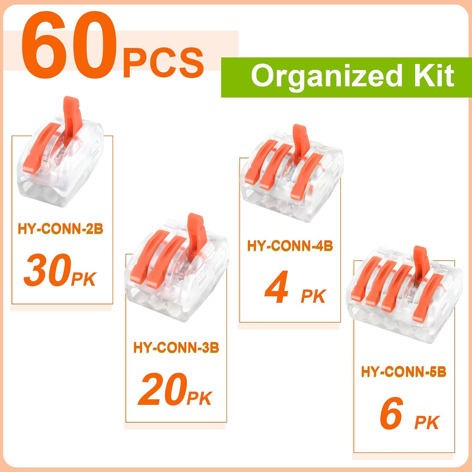 NineLeaf 60 Pcs Lever Wire Connectors Kit, 2/3/4/5 Port Push-in Electrical Wire Nuts with Test Hole for AWG 28-12, Reusable Quick Splice Assortment with Organized Storage Box,9Set