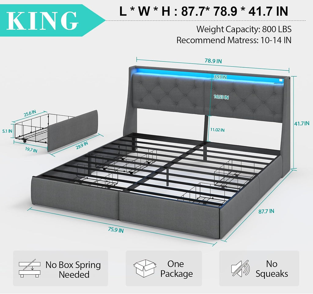 Doltoro King Size Platform Bed Frame with 4 Storage Drawers and LED Headboard, Upholstered King Metal Bed with Charging Station, No Box Spring Needed, Easy Assembly, Gray