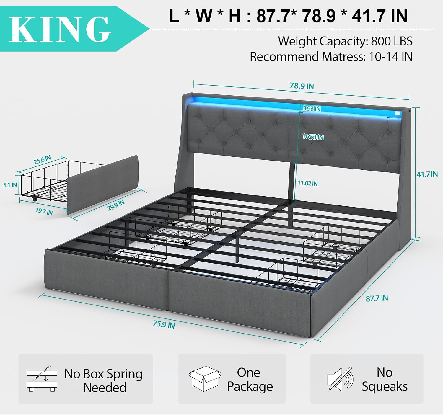 Doltoro King Size Platform Bed Frame with 4 Storage Drawers and LED Headboard, Upholstered King Metal Bed with Charging Station, No Box Spring Needed, Easy Assembly, Gray