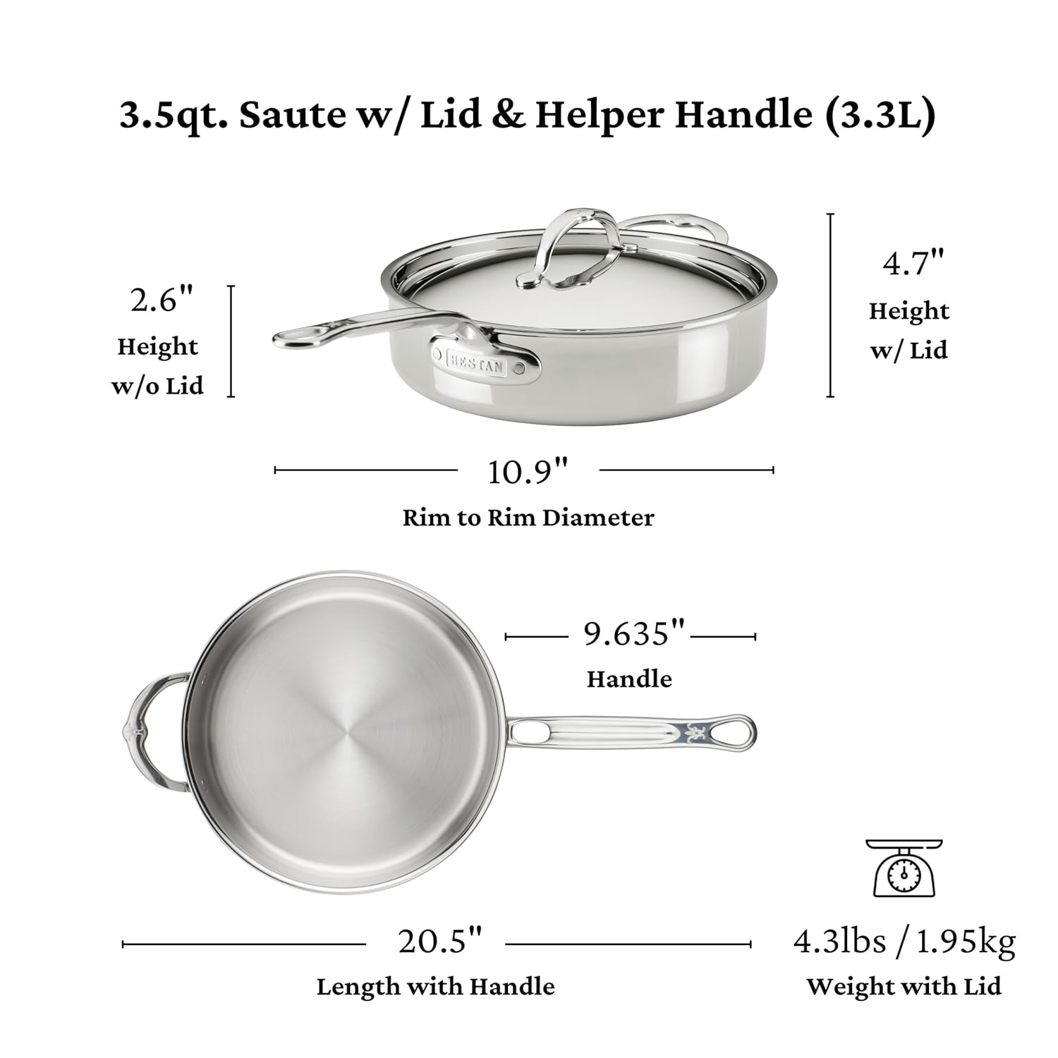 Hestan ProBond Luxe 3.5-Quart Sauté Pan with Lid, Professional Clad Stainless, ProCore Tri-Ply Clad Construction, Polished Exterior, Induction & Oven Safe