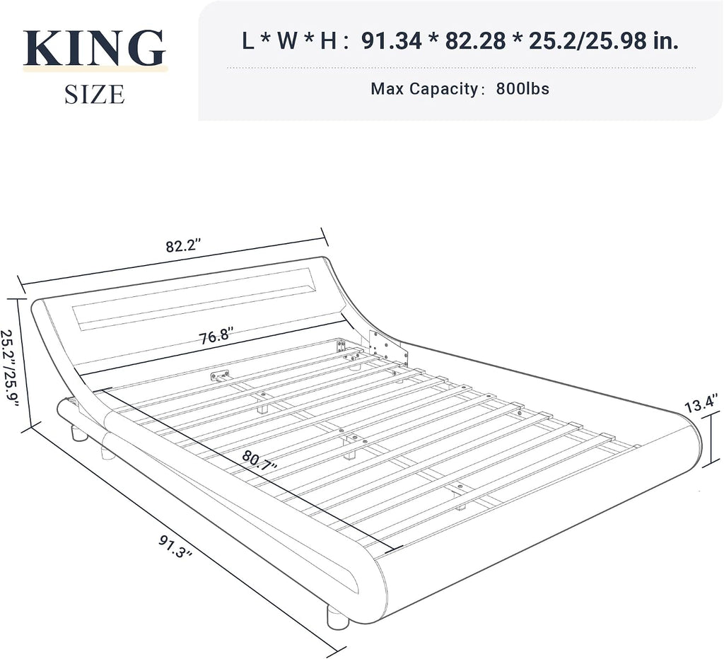 Allewie King Size LED Platform Bed Frame with Adjustable Headboard/No Box Spring Need/Easy Assembly/Faux Leather in Black