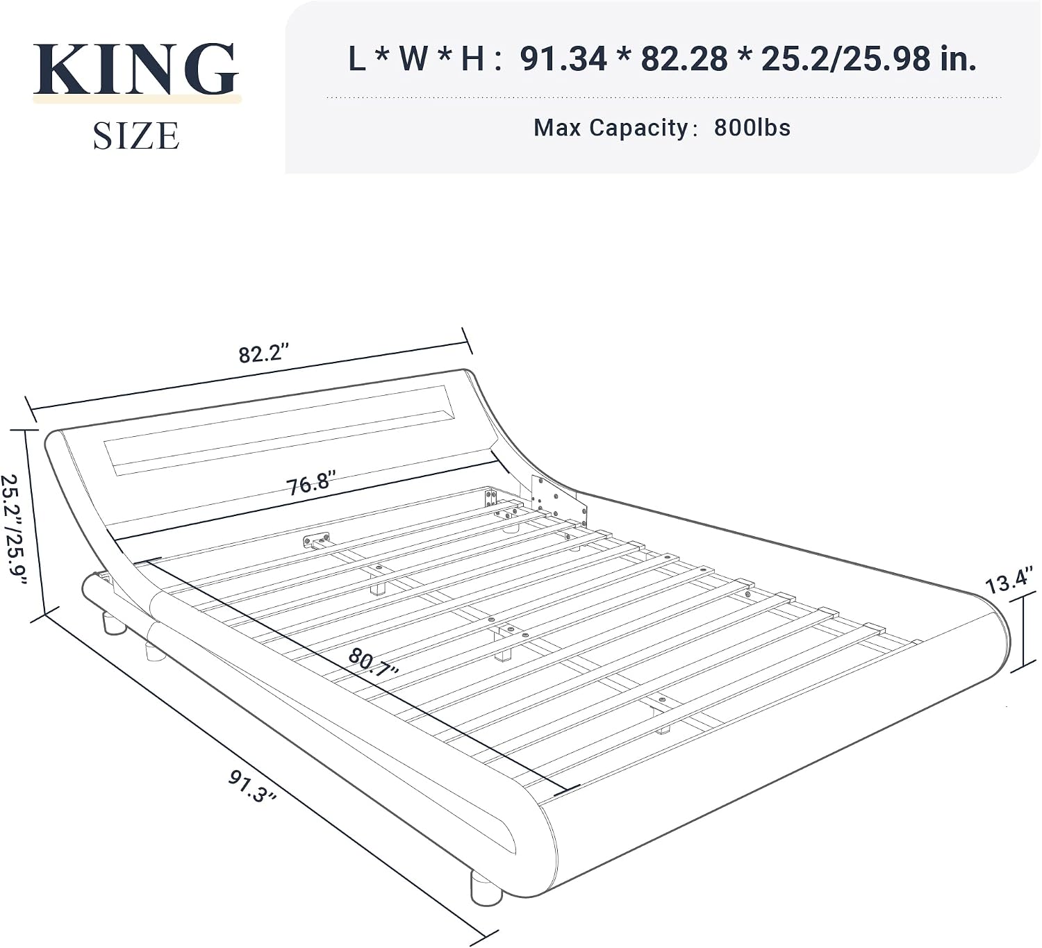Allewie King Size LED Platform Bed Frame with Adjustable Headboard/No Box Spring Need/Easy Assembly/Faux Leather in Grey