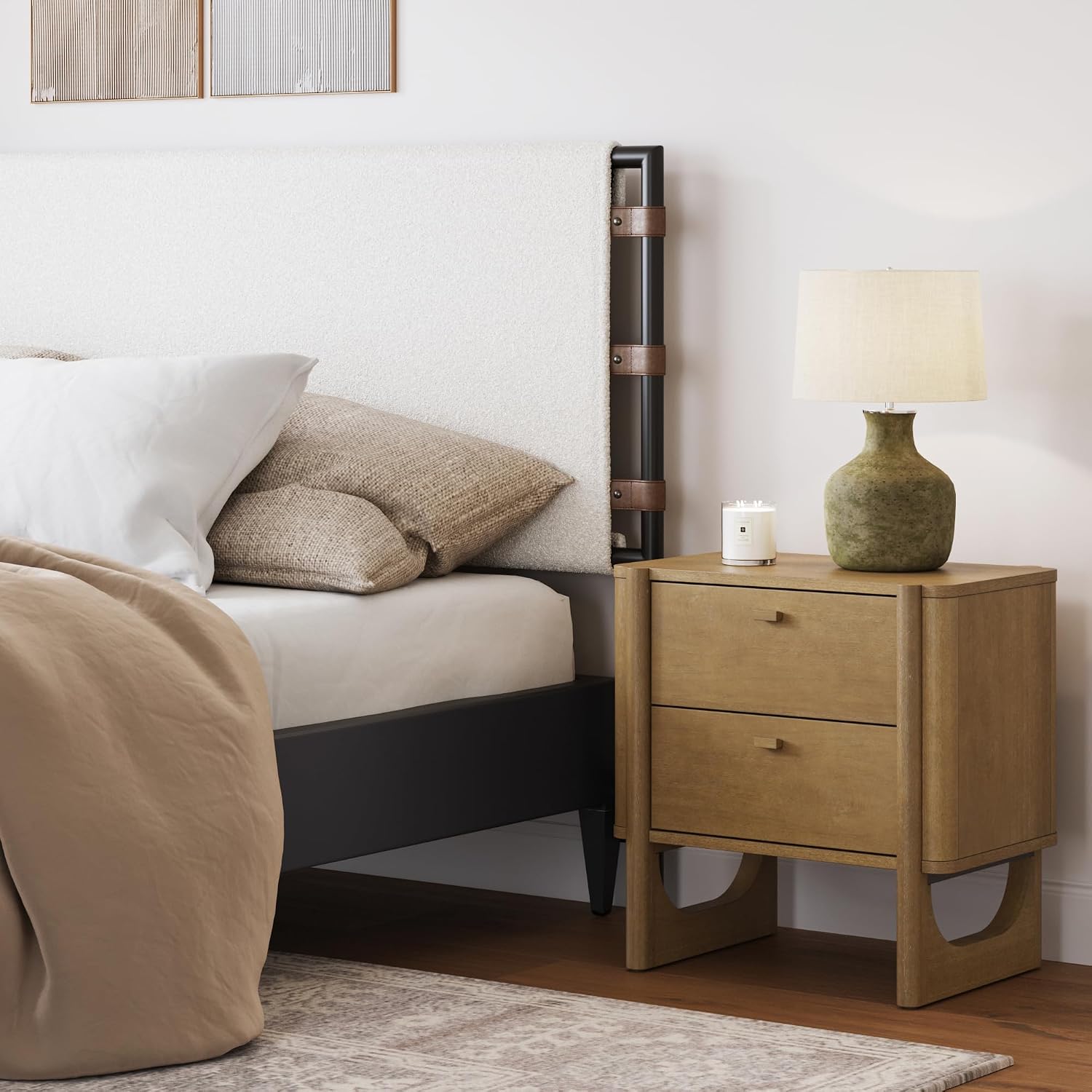 Nathan James Solace Mid Century Modern 2 Drawer Nightstand with Solid Wood Frame and Rounded Details, Light Brown