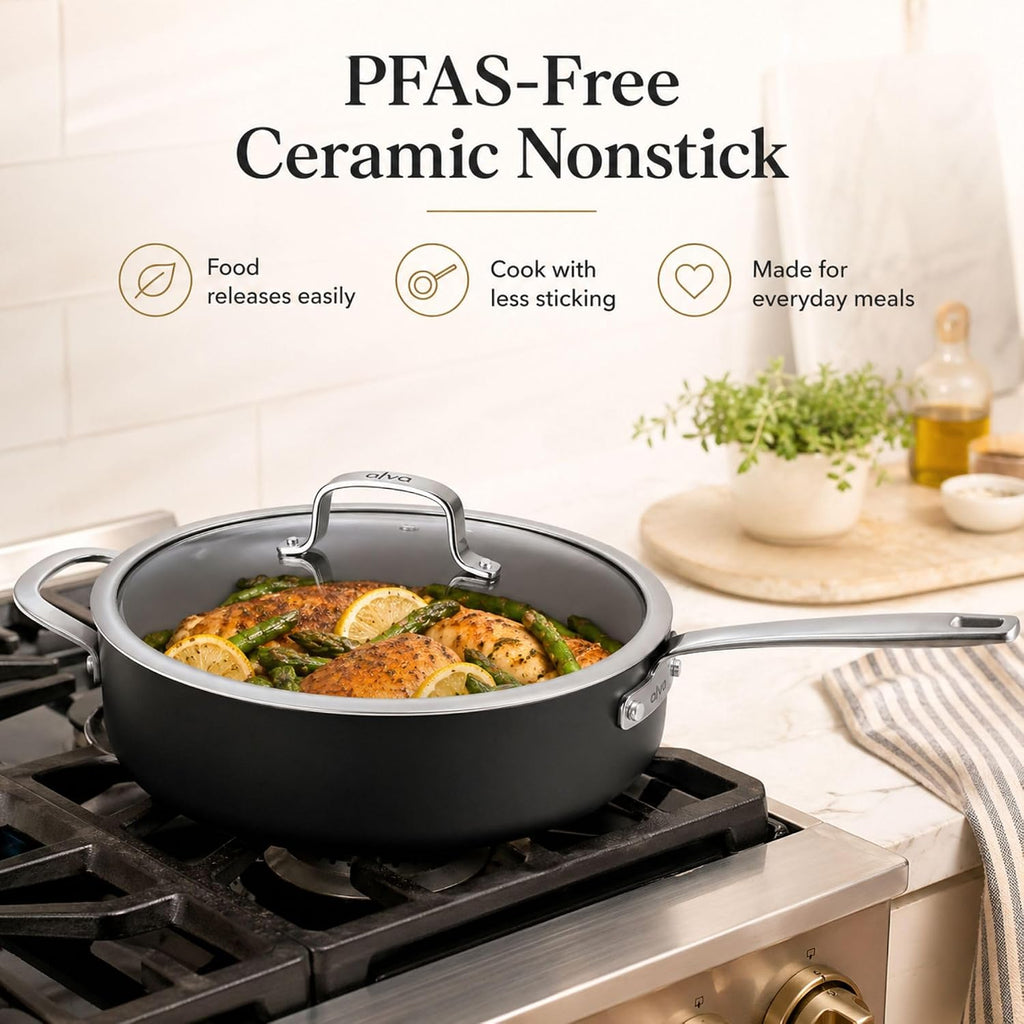 Alva Maestro 4QT Ceramic Nonstick Sauté Pan with Lid – Made With No PTFE, PFOA, PFAS, Oven & Induction Safe to 400°F – Easy Clean, Deep Sauté Pan for Family Meals, Braising & One-Pot Cooking