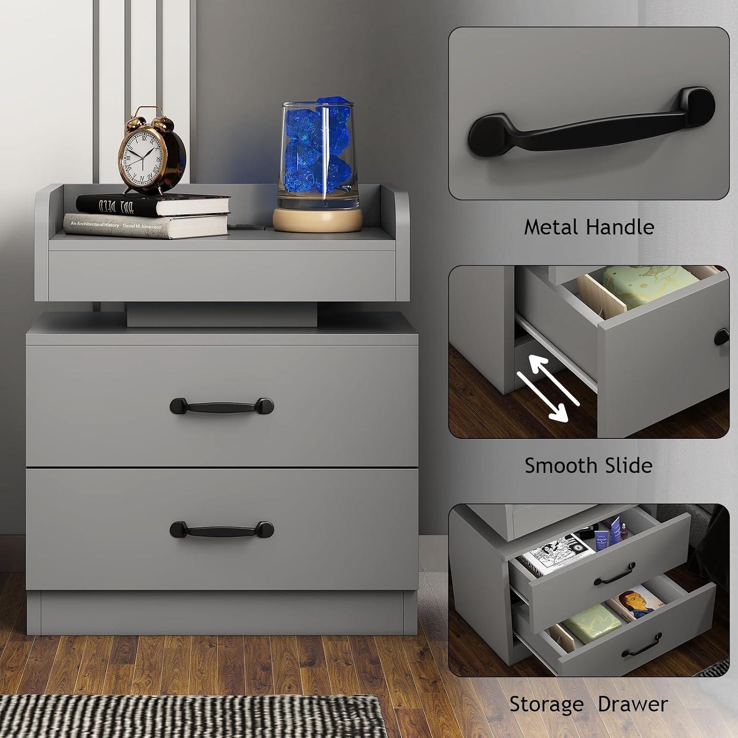 4ever2buy Grey Nightstand Set of 2 with Charging Station and LED Lights Modern Bedside Tables with 2 Drawers for Bedroom