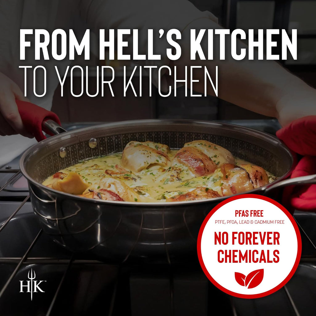 Hell's Kitchen Hybrid 4 Qt Sauté Pan and lid, Tri-Clad Stainless Steel and Nonstick Ceramic, PFAS Free, no PFOA, no PTFE, no Teflon, Non Toxic Cookware, Metal Utensil Safe, All Cooktops and Oven Safe