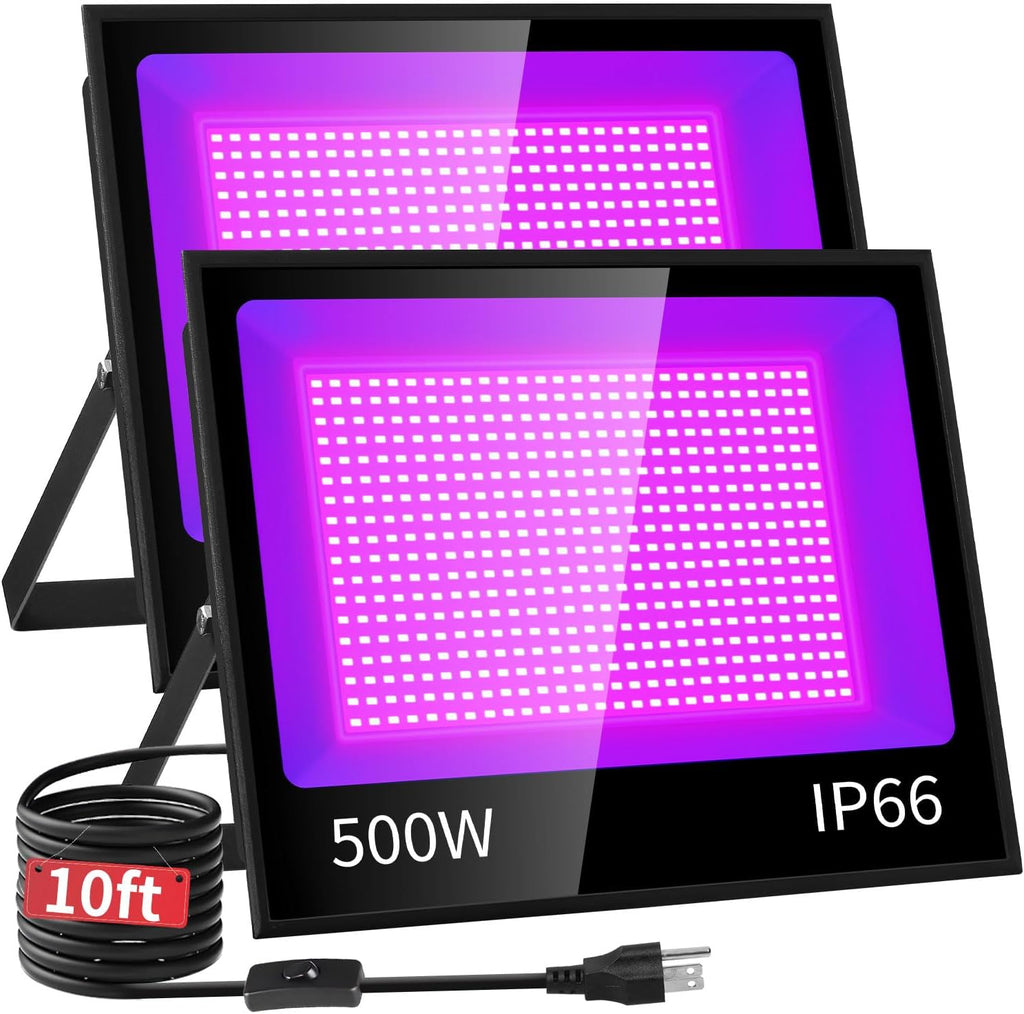 500W LED Black Light IP66 Waterproof, Outdoor Blacklight Flood Light with Plug+Switch, Powerful for Neon Glow in the Dark Party Large Space Gym Club Halloween Stage Lighting Fluorescent Poster, 2 Pack