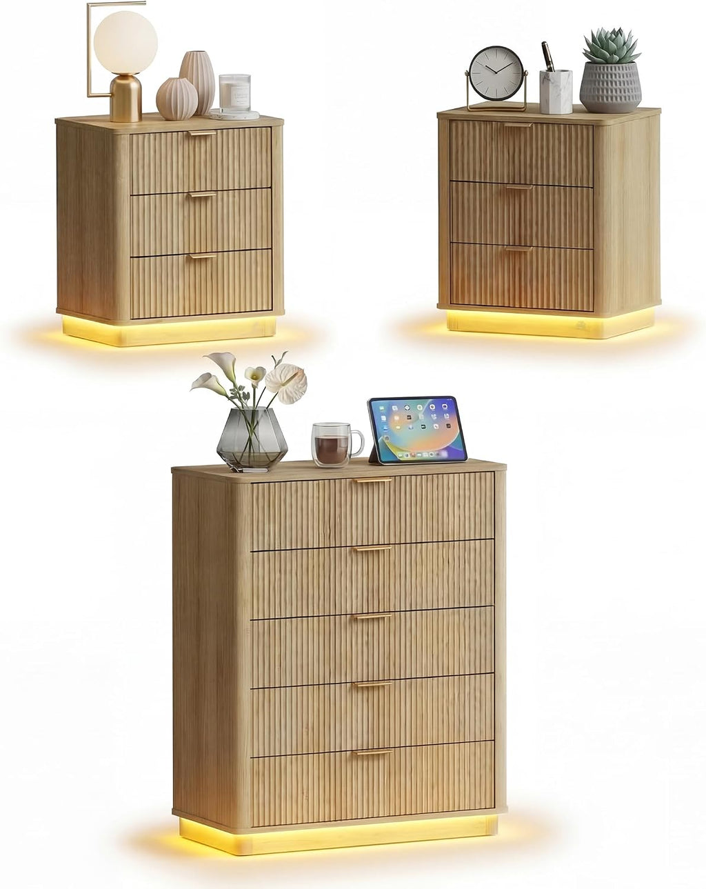Dresser and Nightstand Sets 3 Piece, Bedroom Set with Charging Station, Large 5 Drawer Dresser for Bedroom and Night Stand Set of 2, Mid Century Modern Bedroom Furniture Set with Motion Sensor Lights