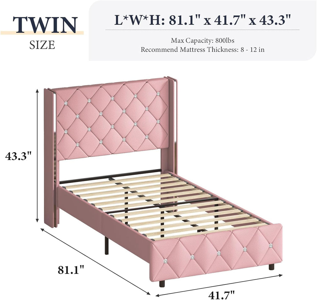 Lullabyre Twin Size Bed Frame, Upholstered Bed Frame with Diamond Tufted Headboard, Modern Silverside Wingback, No Box Spring Needed, Easy Assembly, Pink
