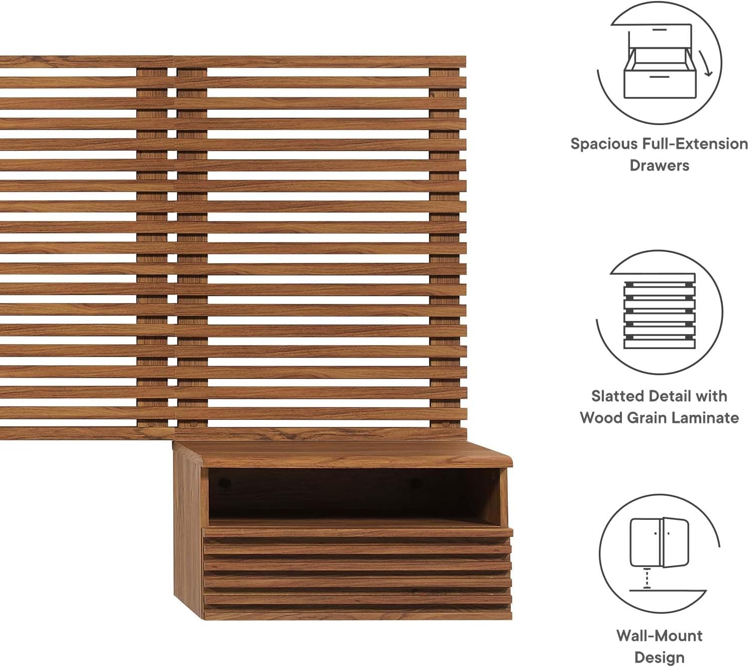 Modway Render Wall-Mount King Headboard and Modern Nightstands Bedroom Set in Walnut