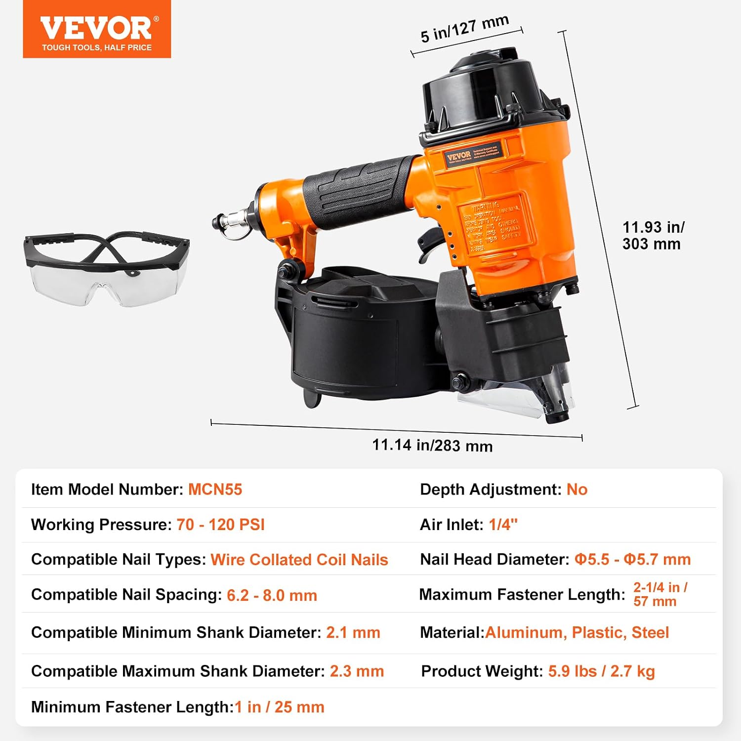 VEVOR MCN55 Coil Siding Nailer, 70-120PSI Air Coil Nailer 1 inch to 2-1/4 inch 15 Degree Pneumatic Siding Nail Gun for Siding, Pallet Sheathing, Fencing, Decking