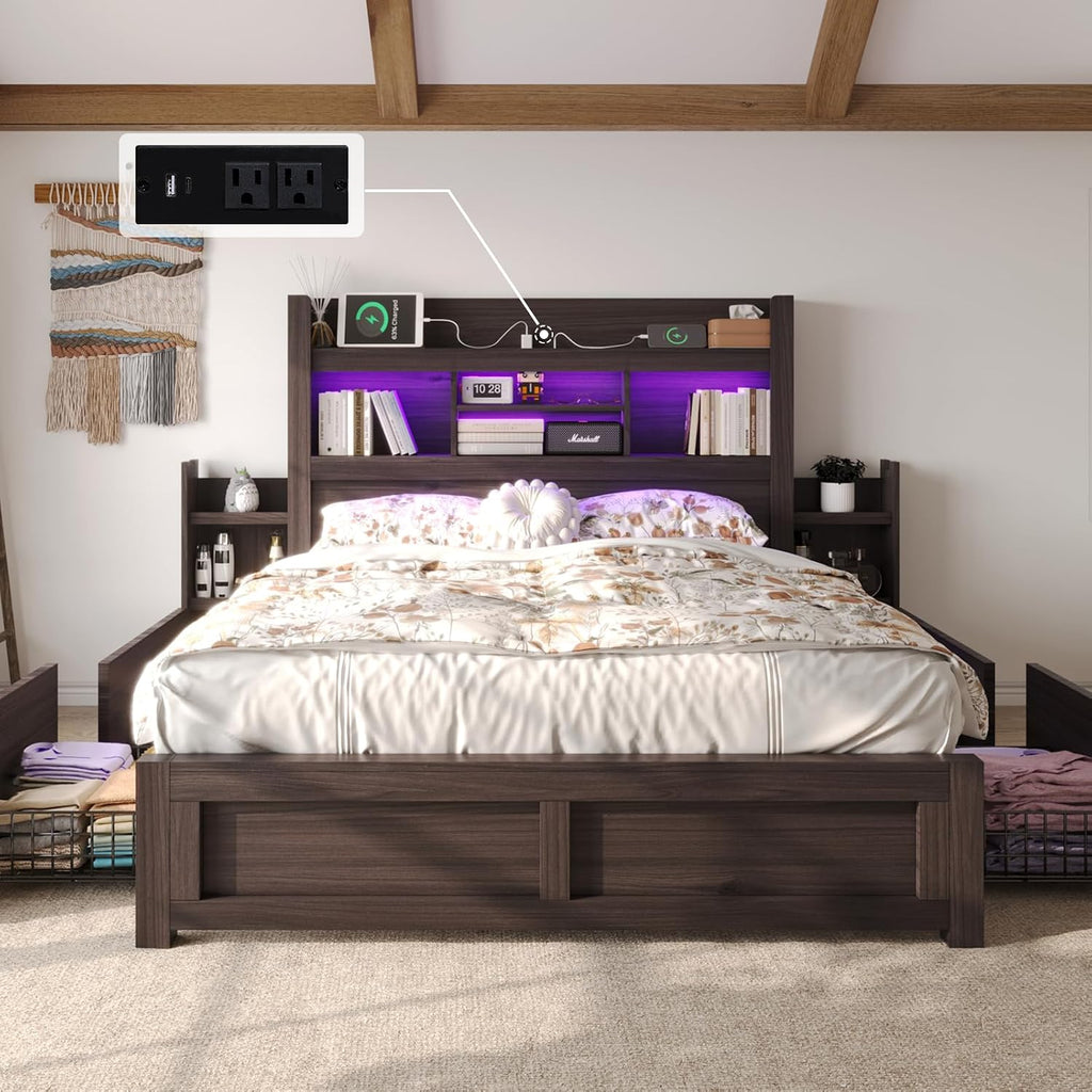 LUXOAK Queen Bed Frame with 49.6' Bookcase Headboard & 2 Bedside Stoage Racks & 4 Drawers, Farmhouse Wood Bed Frame with RGB LED & Charging Station, No Box Spring Needed, Black