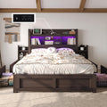 LUXOAK Queen Bed Frame with 49.6' Bookcase Headboard & 2 Bedside Stoage Racks & 4 Drawers, Farmhouse Wood Bed Frame with RGB LED & Charging Station, No Box Spring Needed, Black