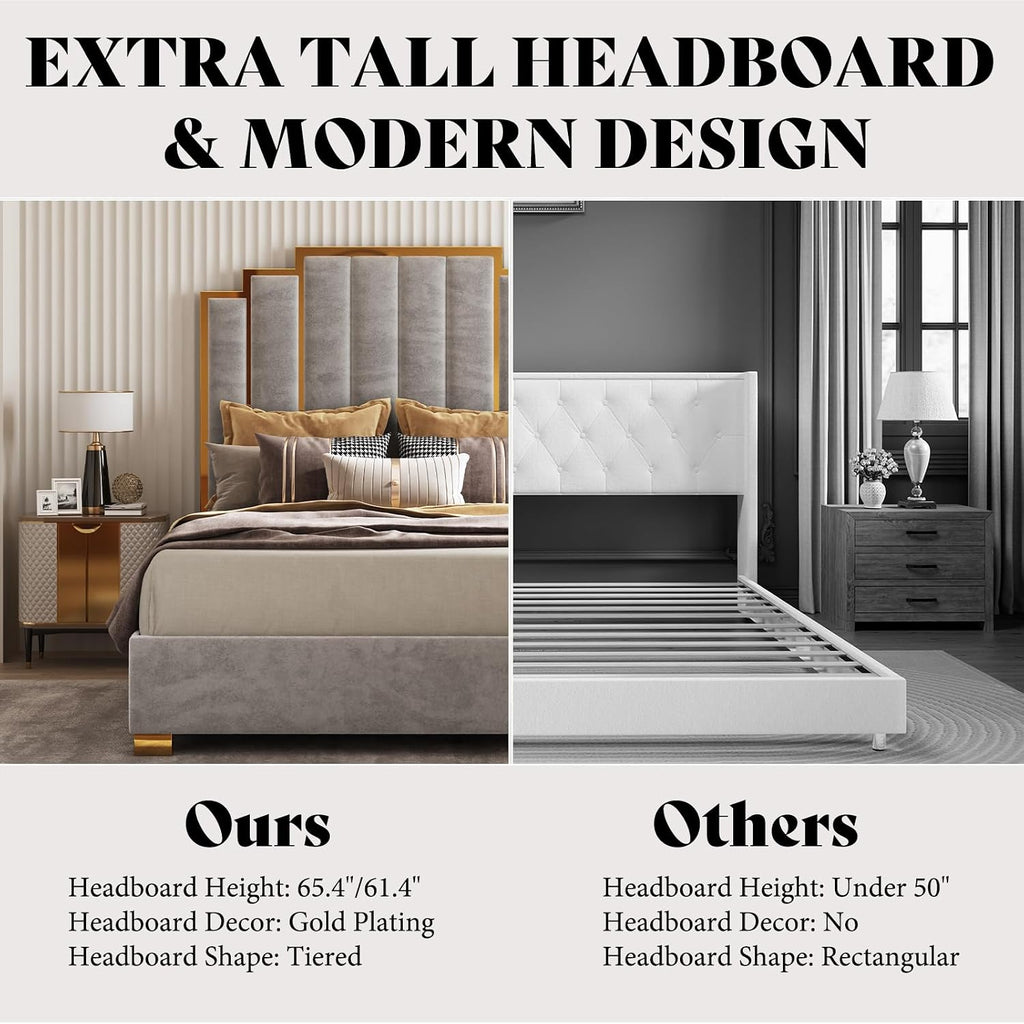 AMERLIFE Queen Size Upholstered Bed, Modern Velvet Bed Frame with 61.4' Tall Gold Trim Headboard, No Box Spring Needed, Grey