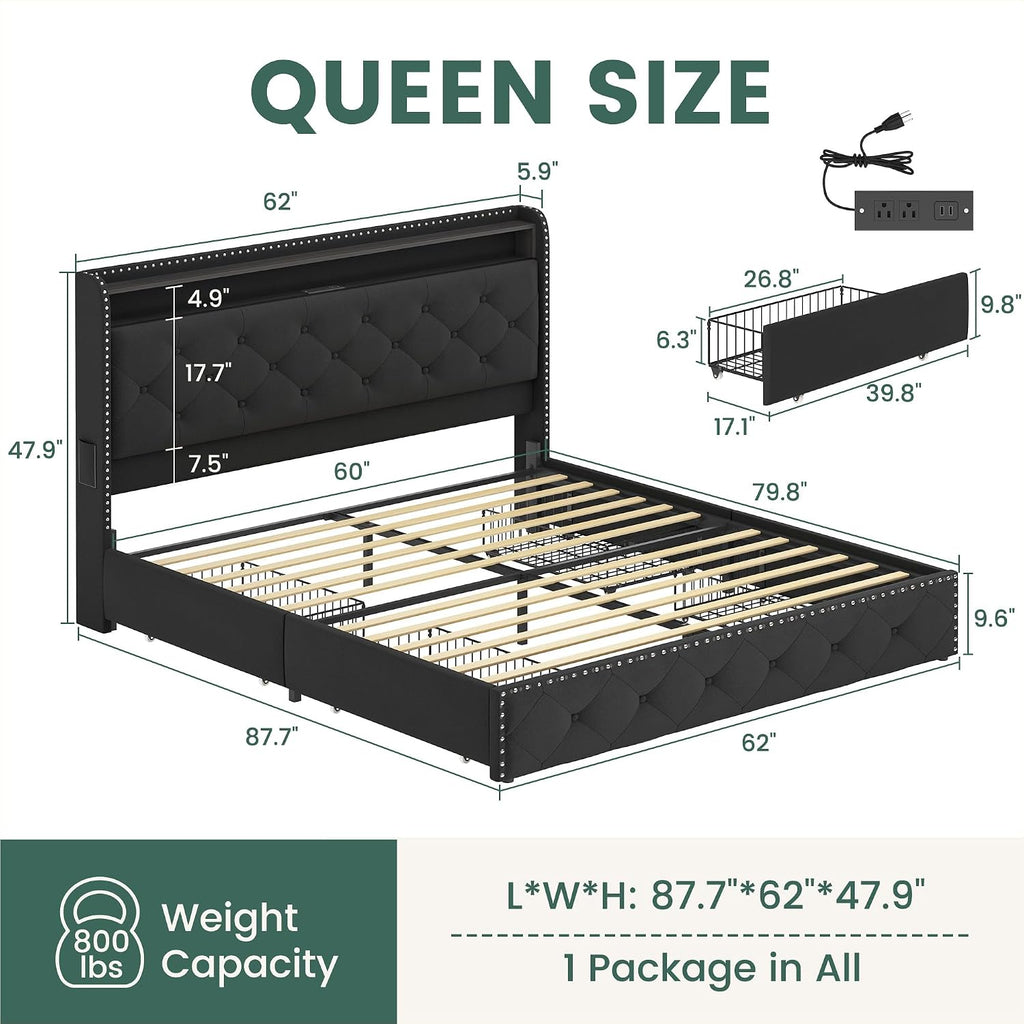 LARMACE Queen Size Bed Frame with Storage & LED Lights & USB Type-C Charging Station,Velvet Upholstered Platform Bed with Headboard and 4 Drawers, No Box Spring Needed, Easy Assembly, Black