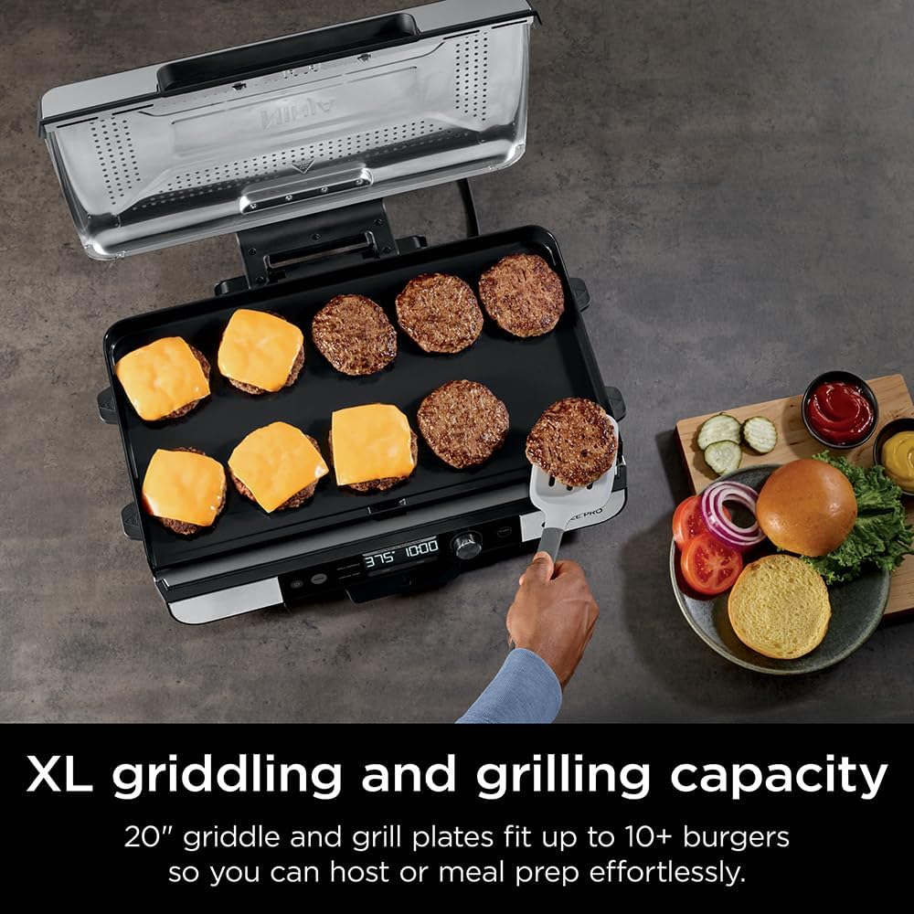 Ninja Sizzle Pro XL 20-Inch Indoor Griddle + Grill, Detachable Ventilated Lid, Grease Control, Ceramic Nonstick Plates, Even Edge-to-Edge Cooking, XL Capacity, Versatile, Silver GX101 (Renewed)