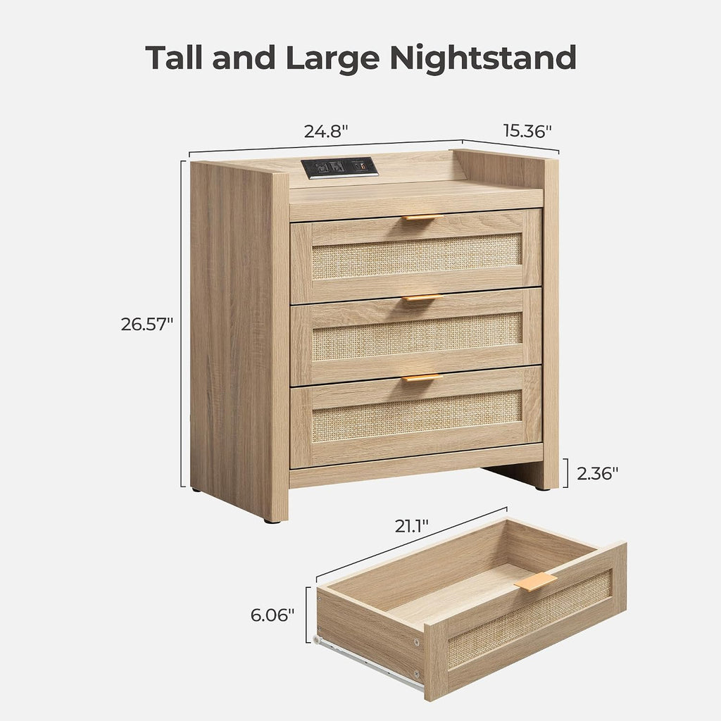 SICOTAS Rattan Nightstand Bedside Table - Larger Night Stand with Type-C Charging Station, 3 Drawers Storage - Boho Night Stands End Table for Bedroom - Light Oak