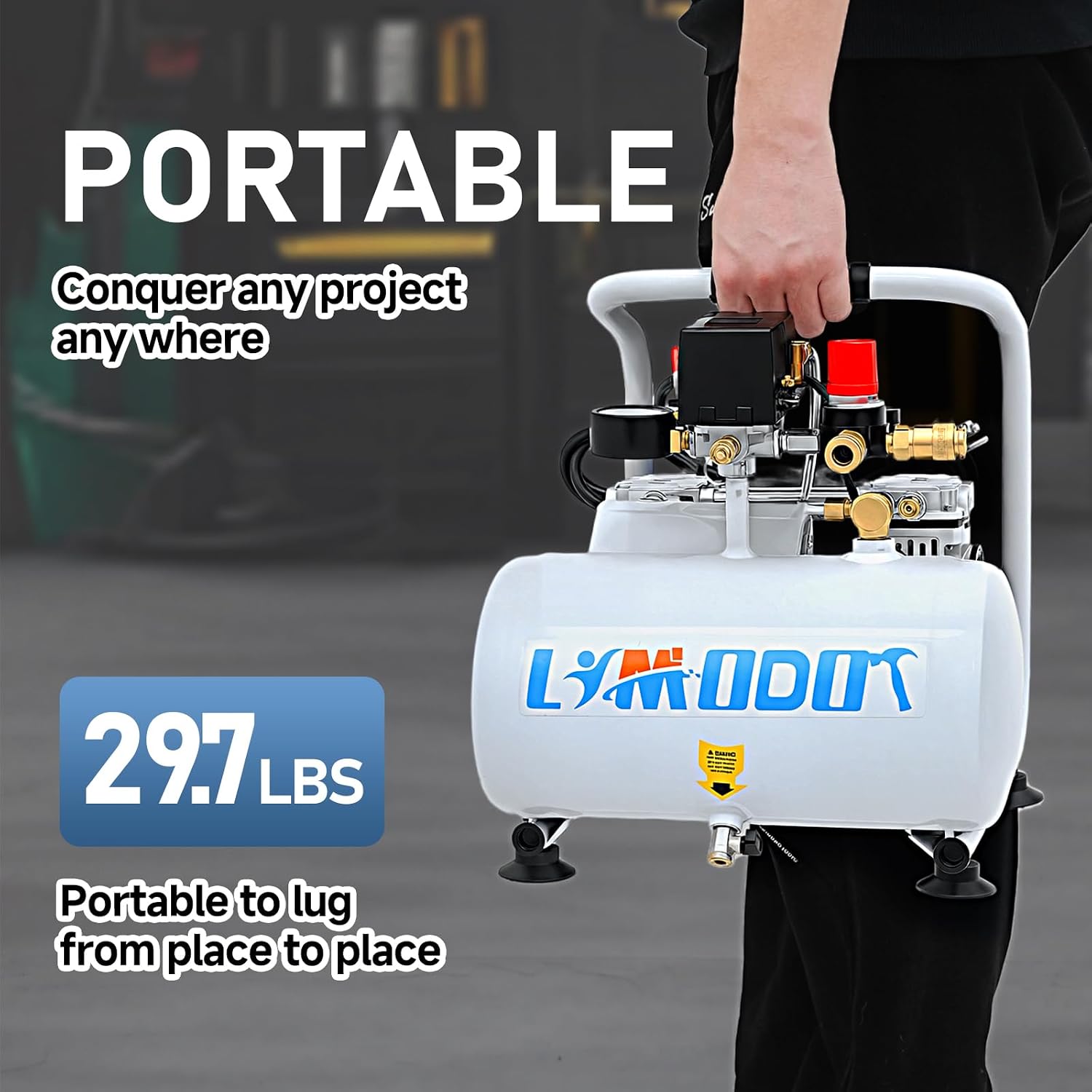 Limodot Ultra Quiet Air Compressor, Only 60dB, 1 Gallon Steel Tank, Oil-Free, Electric Air Compressor Perfect for Woodwork Nailing, Garage, Car, Pneumatic Tool, Includes 25 Ft. Air Hose Kit
