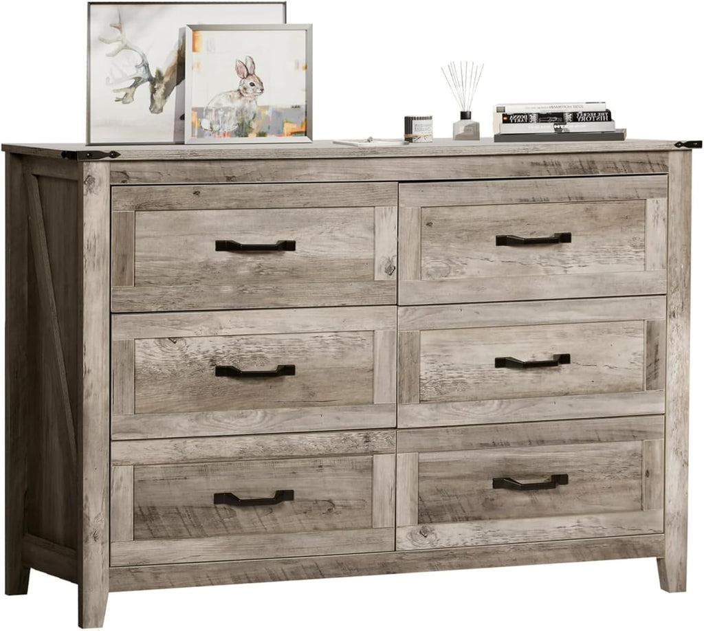 NEDYO Farmhouse 6 Drawer Dresser, Rustic Chest of Drawers, Wood TV Stand with Drawers, Wooden Dresser, Wide Storage Organizer Cabinet for Bedroom Living Room. Rustic Oak