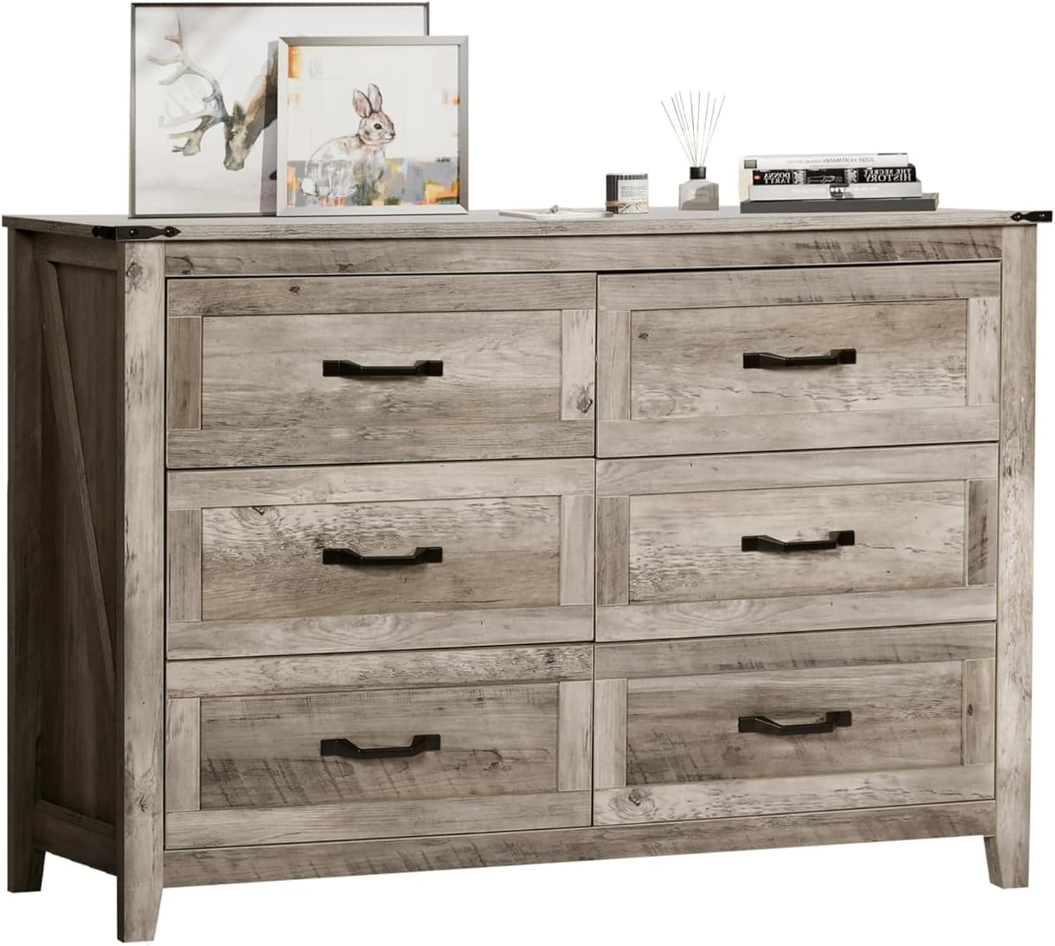 NEDYO Farmhouse 6 Drawer Dresser, Rustic Chest of Drawers, Wood TV Stand with Drawers, Wooden Dresser, Wide Storage Organizer Cabinet for Bedroom Living Room. Rustic Oak