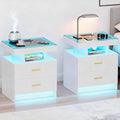 Smart LED Nightstand Set of 2 - with - Modern Night Stand with Wireless Charging Station, Glass Top Bedside Table with Drawers for Bedroom, Glossy End Table with Human Body Induction (White)