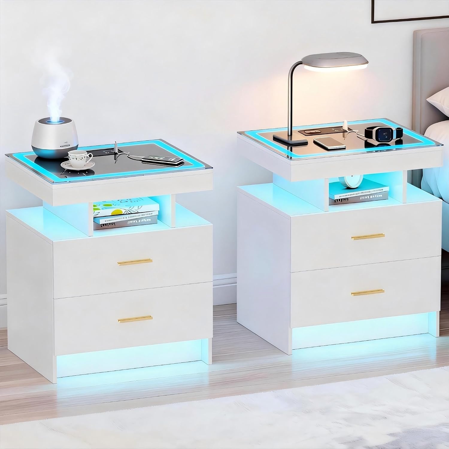 Smart LED Nightstand Set of 2 - with - Modern Night Stand with Wireless Charging Station, Glass Top Bedside Table with Drawers for Bedroom, Glossy End Table with Human Body Induction (White)