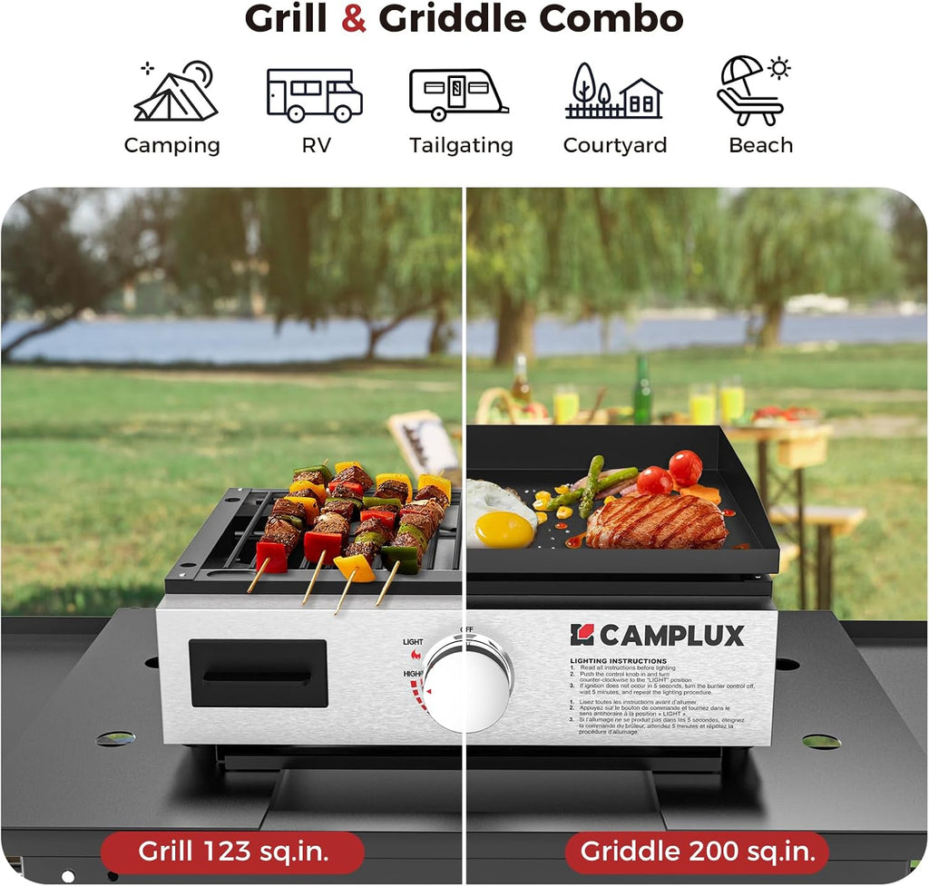 CAMPLUX Portable Propane Grill & Pizza Oven Combo, 11,000 BTU Tabletop Gas Griddle with 17' Pizza Oven Kit and Cordierite Stone, Compact Outdoor Mini Oven for Crispy Pizza, Camping, RV & Tailgating