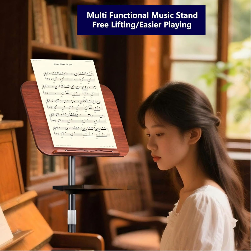 Music Stand,2 in 1 Dual-Use Folding Sheet Music Stand & Desktop Book Stand,Height Adjustable from 19.68' to 55.11',Equipped with Microphone Stand, Phone Holder and Tray