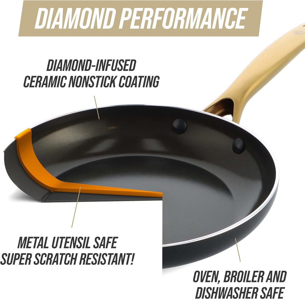 Blue Diamond Gold 10 Piece Cookware Pots and Pans Set, Induction Suitable, Diamond Infused PFAS-Free Ceramic Nonstick, Durable, Metal Utensil Safe, Dishwasher Safe, Gold Handle, Black