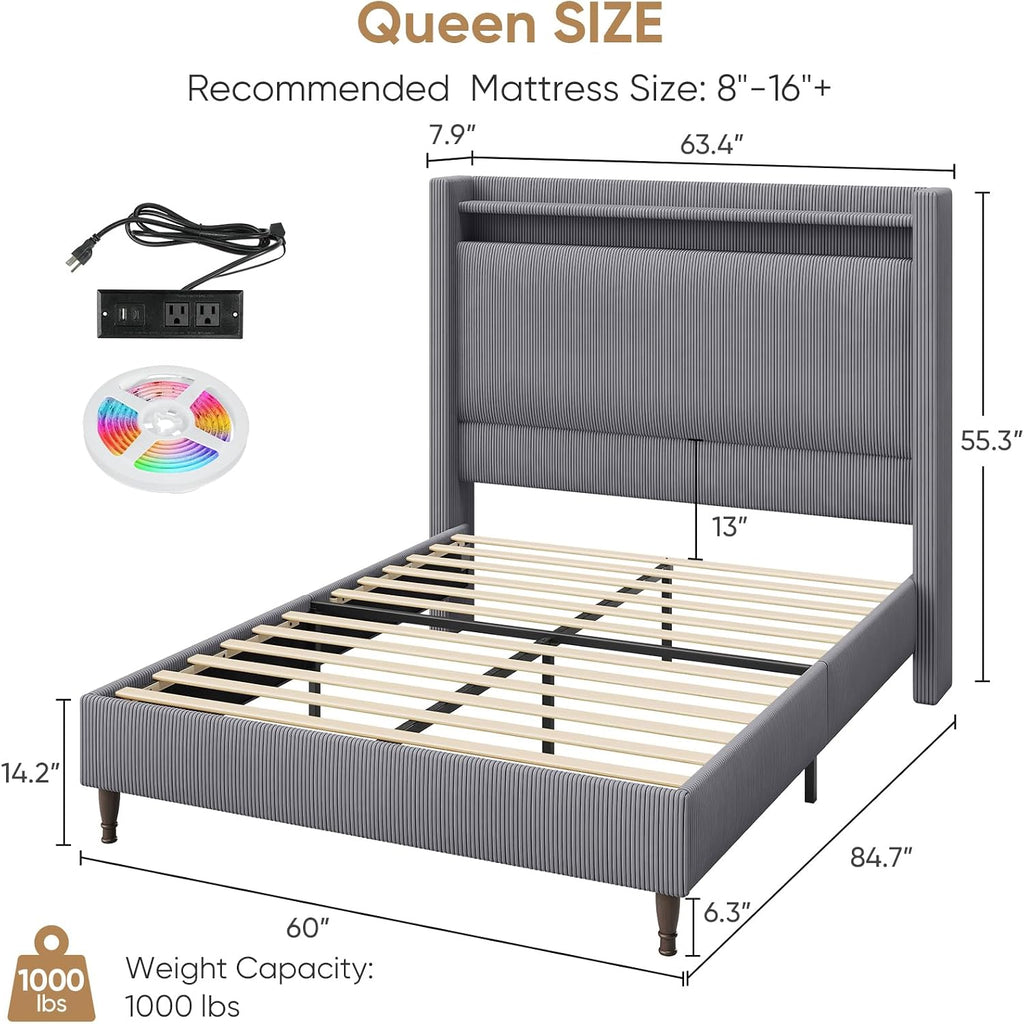 Queen Bed Frame with Tall Headboard, 55.3' Upholstered Platform Bed with LED Lights & Charging Station, Elegant Corduroy Bedframe, 2-tier Storage Wingback Headboard, No Box Spring Needed, Dark Grey