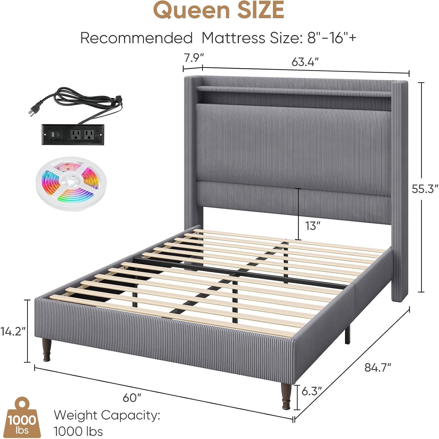 Queen Bed Frame with Tall Headboard, 55.3' Upholstered Platform Bed with LED Lights & Charging Station, Elegant Corduroy Bedframe, 2-tier Storage Wingback Headboard, No Box Spring Needed, Dark Grey